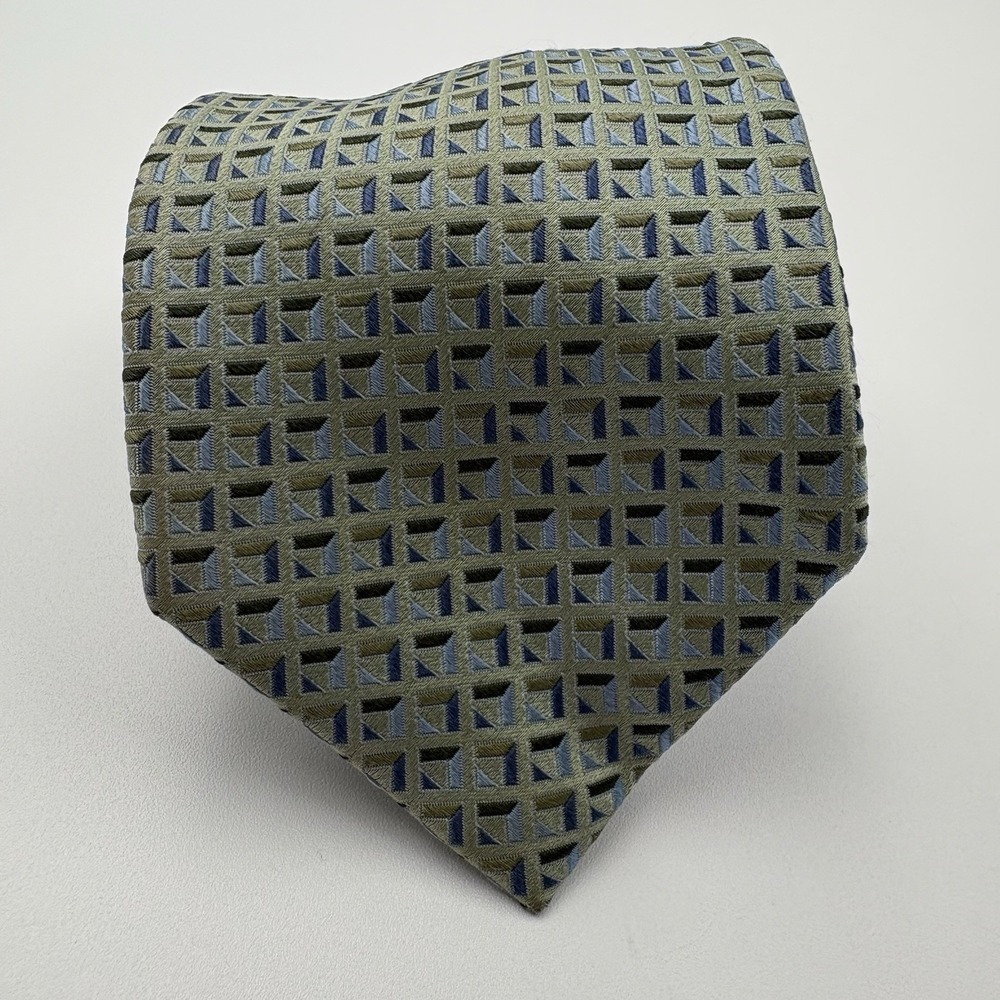 Club Room Tie Mens Green Blue Geometric Grid Woven 100% Silk Classic Necktie 3.5
